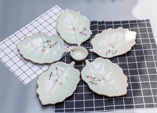 Bộ đĩa lá dâu size vừa Bát Tràng