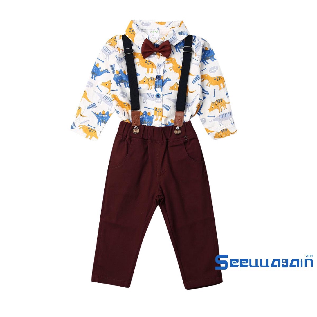 ❥☀✿SEEBaby Boy Cartoon Dinosaur Print Bowtie Romper and Strap Trousers Set Infant Long Sleeve Jumpsuit Bib Pants Two