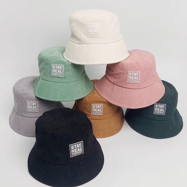 Mũ bucket vành cụp, nón tai bèo thêu tem STAY REAL chất nhung tăm cao cấp trơn nhiều màu unisex