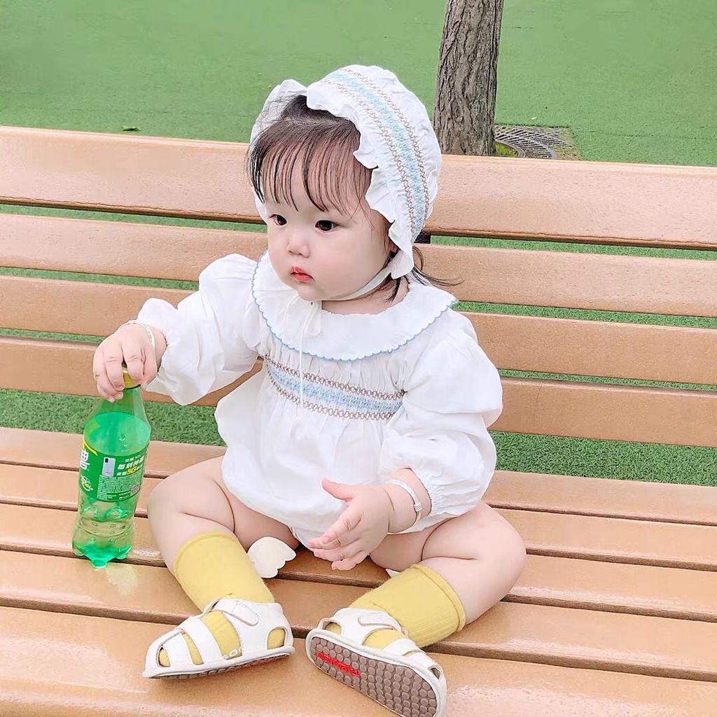 Bộ 2 món áo liền quần cổ lá sen phong cách công chúa + mũ đội dễ thương cho bé