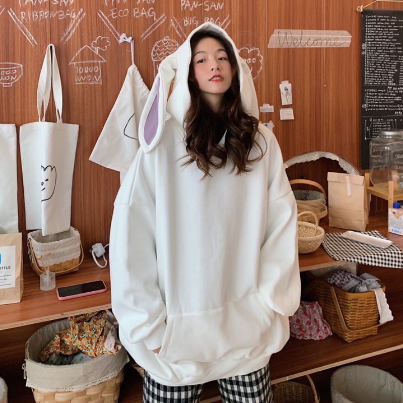 Áo Hoodie Nỉ Tai Thỏ 🌺 Áo Sweater nữ form rộng có mũ tai thỏ Bunny 2 màu TRẮNG | HỒNG style Korea Ulzzang SIÊU HOT 🌺 | BigBuy360 - bigbuy360.vn