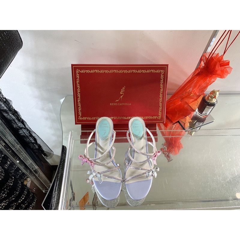 Dép cao gót 4 quai nhỏ đính đá thương hiệu Rene Caovilla da thật cao cấp