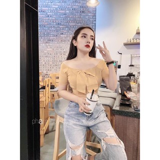 Áo len trễ vai nơ