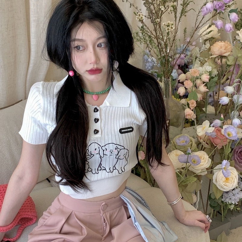 Áo thun polo ZHELIHANGFEI dệt kim tay ngắn thêu hình thỏ dễ thương thời trang