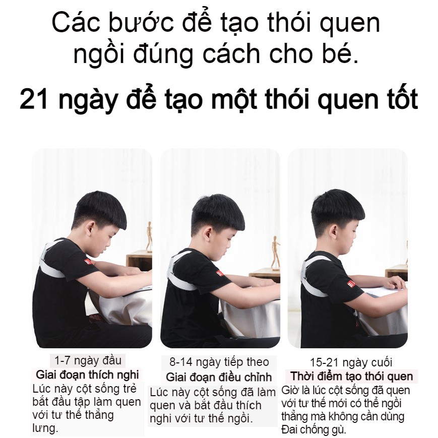 [Công Nghệ Nhật Bản] Đai chống gù lưng trẻ em thông minh, trị cong vẹo cột sống, giúp ngồi đúng tư thế, Freesize- Trắng