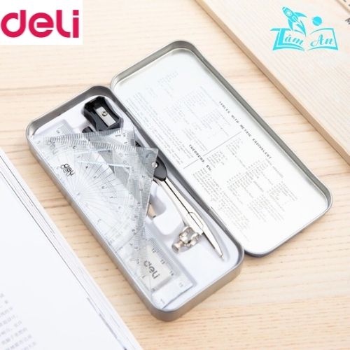 Bộ thước kẻ 4 món hộp sắt Deli G305 05 [compa/ gọt chì/ tẩy/ bút chì/ 4 thước kẻ]