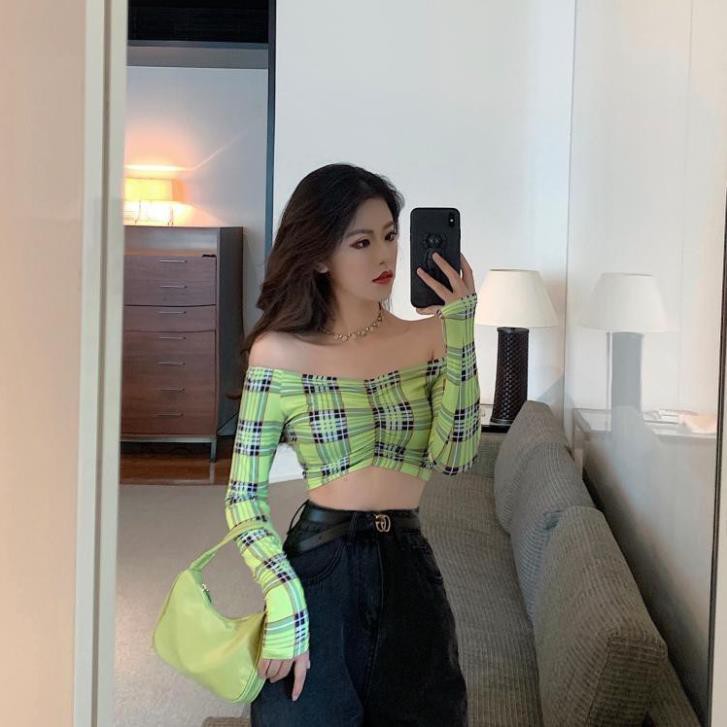 Áo croptop hở bụng nữ tay dài hạ vai gợi cảm sọc xanh lá ulzzang 💗