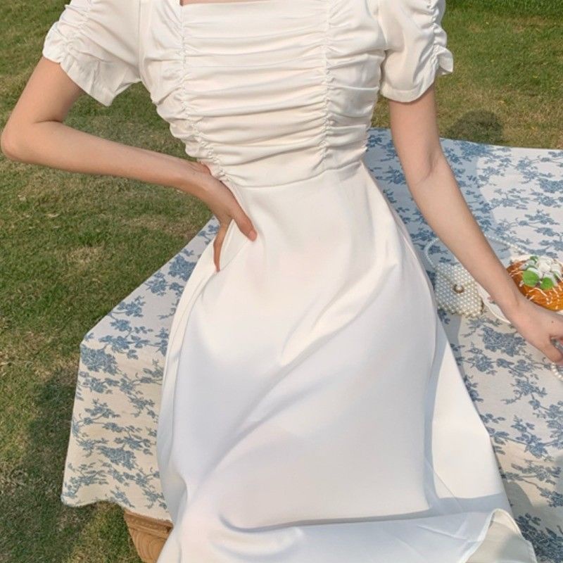 Sweet Fresh Short Sleeve Pleated Skirt Super-Fairy Mori Girl Amoi French Square Collar Puff Sleeve over the Knee White Midi Skirt