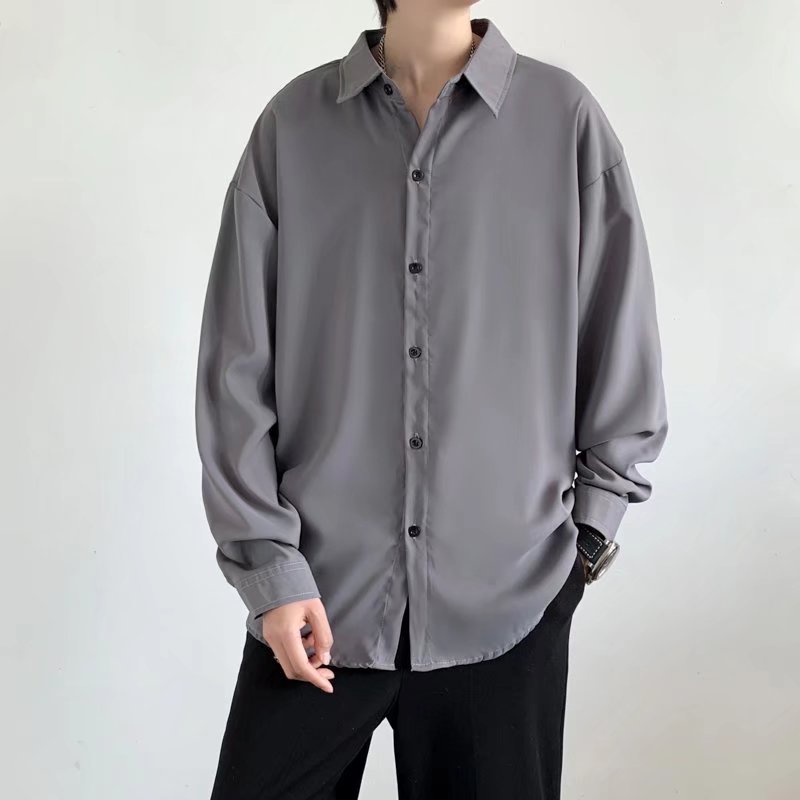 Áo Sơ Mi Thể Thao Tay Dài Bằng Lụa Mát Màu Trơn 3 Màu Thời Trang Phong Cách Hàn Quốc Cho Nam