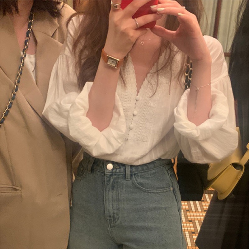 SUXI Áo Kiểu Tay Dài Cổ Chữ V Phối Ren Hoa Phong Cách Hàn Quốc Dành Cho Bạn Nữ