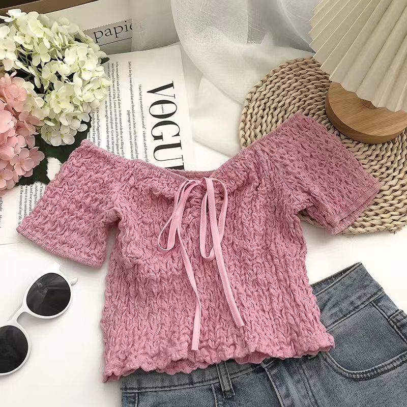 Áo Kiểu Tay Ngắn Màu Trơn Xếp Ly Trẻ Trung Hợp Thời Trang