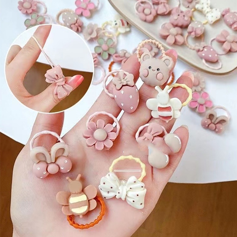 Bộ 20 Dây Buộc Tóc Cao Su Co Giãn Đính Nơ / Hoa / Gấu Hoạt Hình Dễ Thương Cho Bé Gái