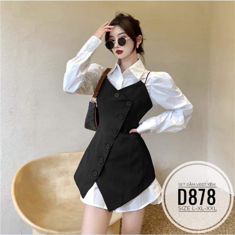 ĐẦM VEST 2 DÂY VỚI ÁO SƠ MI TRẮNG TAY DÀI BIGSIZE