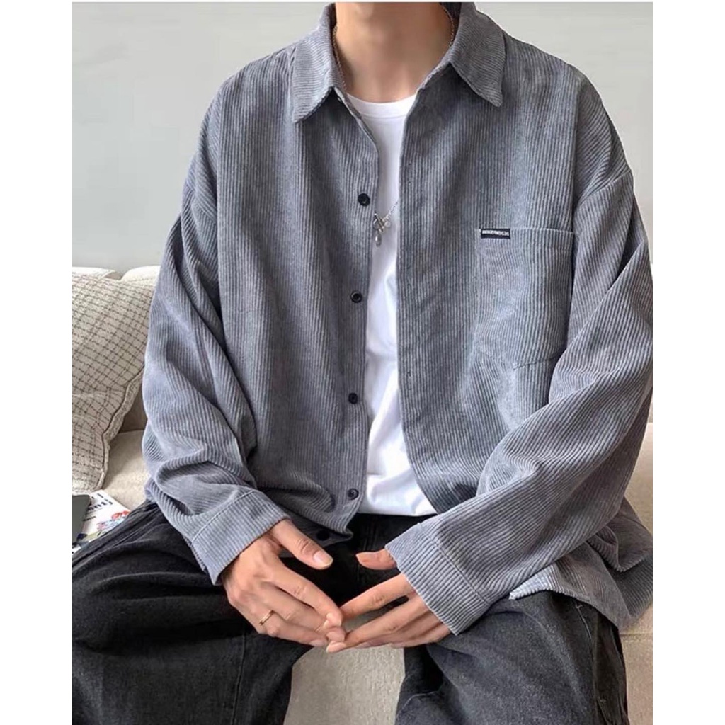 Áo Sơ Mi NHUNG GÂN TĂM Form rộng oversize Unisex Nam/Nữ Phong Cách Hàn Quốc Ulzzang - SHOP MAYLAN