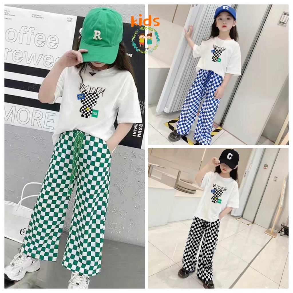 Set Đồ Mùa Hè Gồm Áo Thun Cotton Lụa Lạnh Tay Cộc + Quần Ống Rộng Thời Trang Cho Bé Gái 3-5-8-10-12-13 Tuổi 2022