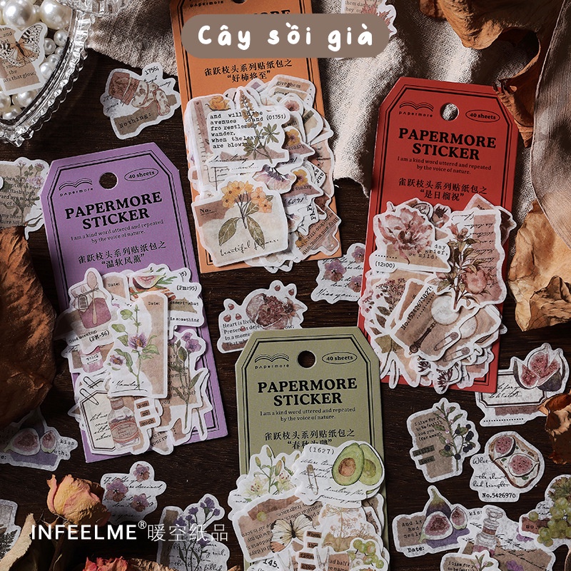 S78 - Set 20 stickers washi nhánh cây hoa quả vintage cổ điển PaperMore trang trí sổ bullet journal, junk journal