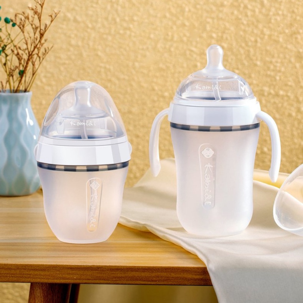 Bình sữa silicon KAMIDI trắng chính hãng núm vú silicon mềm chống sặc chống tràn 150ml và 250ml