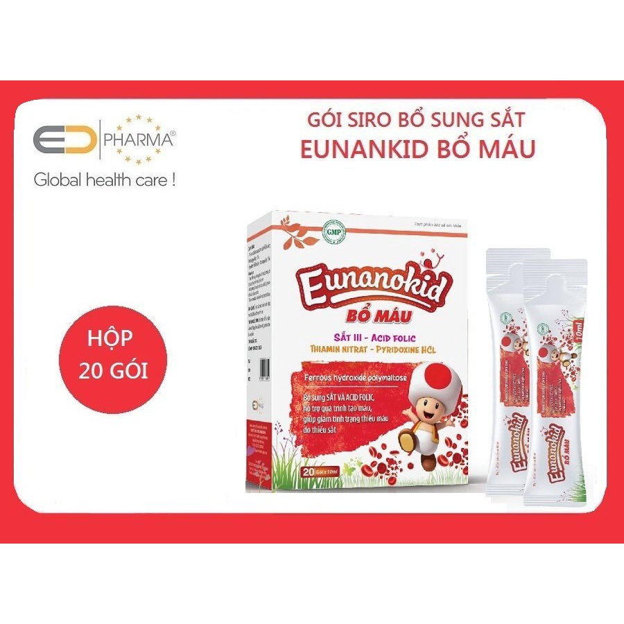 Eunanokid Bổ máu – Cung cấp sắt, acid folic, giảm nguy cơ thiếu máu ở trẻ em, phụ nữ có thai, phụ nữ rong kinh (20 ống)