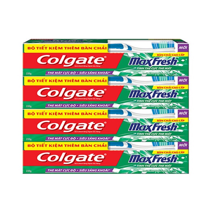 Bộ 4 Kem đánh răng Colgate the mát thổi bùng sảng khoái Maxfresh 230g tặng bàn chải đánh răng lông tơ