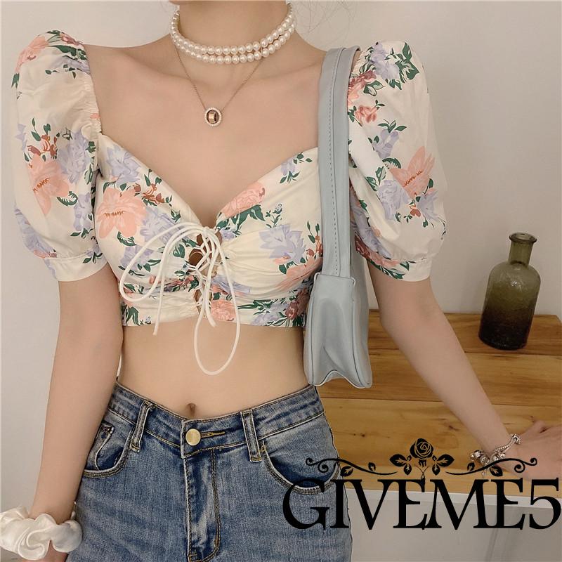 Áo Croptop Cổ Chữ V Tay Phồng Họa Tiết Hoa Thời Trang Cho Nữ