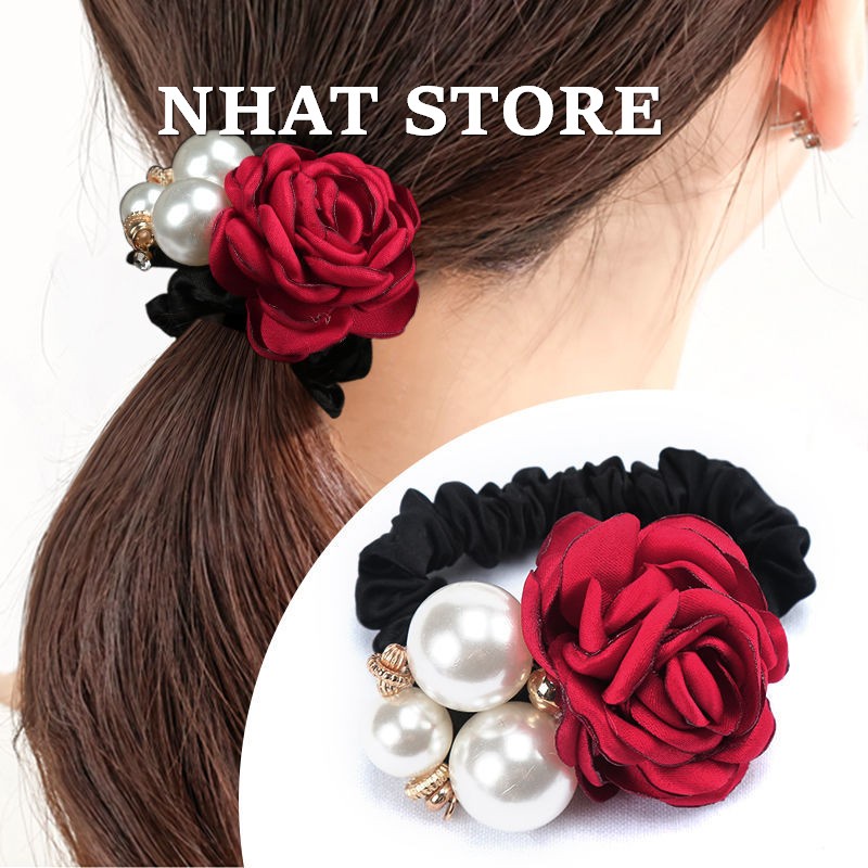 Dây cột tóc, dây uốn tóc cho nữ hoạ tiết hoa hồng đính ngọc nhân tạo phong cách Hàn Quốc (có video thật) - Cột tóc CT03