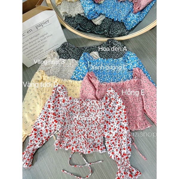 [Ảnh thật+ Video] (Siêu Rẻ)ÁO CROPTOP HOA NHÍ XINH XINH RÚT DÂY GIỮA TAY DÀI NHÚN Chizi Shop