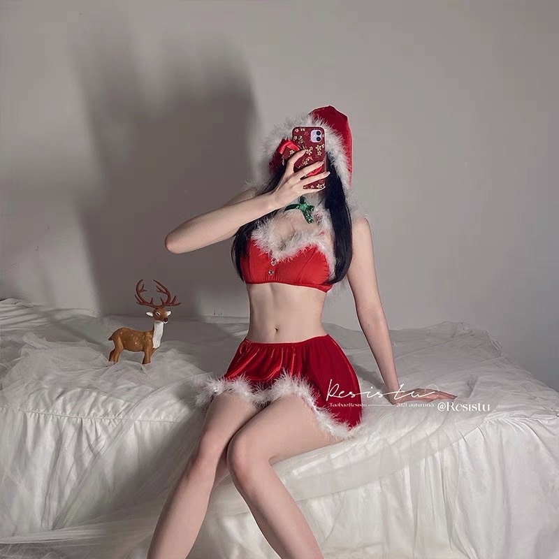 QR19084 Fullset Đồ Giáng Sinh Dễ Thương &lt;ẢNH THẬT&gt; - Choàng Có Mũ Siêu Xinh - Cosplay Noel Sexy