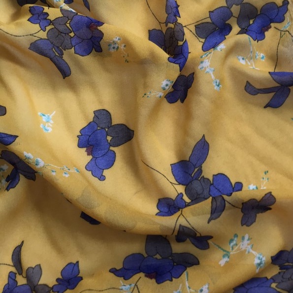Vải Voan Chiffon Vàng Hoa Xanh - Co Giãn, Mỏng, Mịn - May Áo Dài, Đầm, Váy - Cần Lót