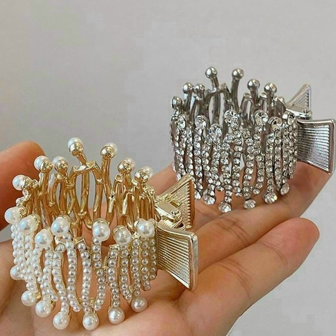 Kẹp tóc tròn đính đá và đính hạt, cặp càng cua đuôi ngựa tròn phong cách Hàn Quốc thời trang