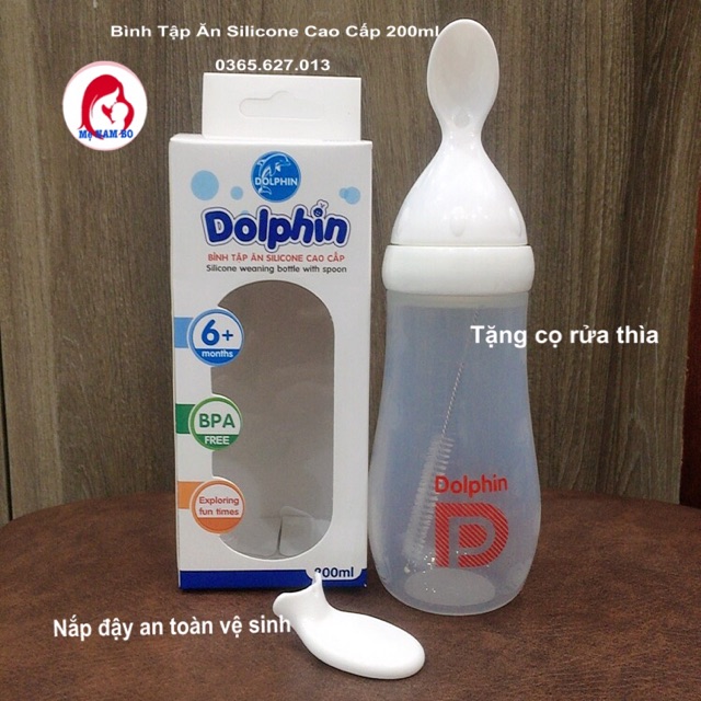 Bình Tập Ăn Silicone Cao Cấp 200ml DOLPHIN♥️ TẶNG CỌ ♥️ Bình Có Nắp Đậy Thìa An Toàn Sạch Sẽ Cho Bé Ăn Ngon Miệng