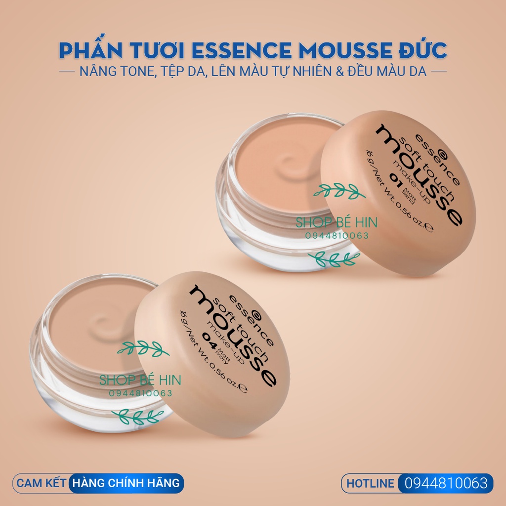 Phấn tươi Essence Soft touch mousse Đức màu số 1 và số 4, lên tông, tệp da, đều màu da, cam kết chính hãng