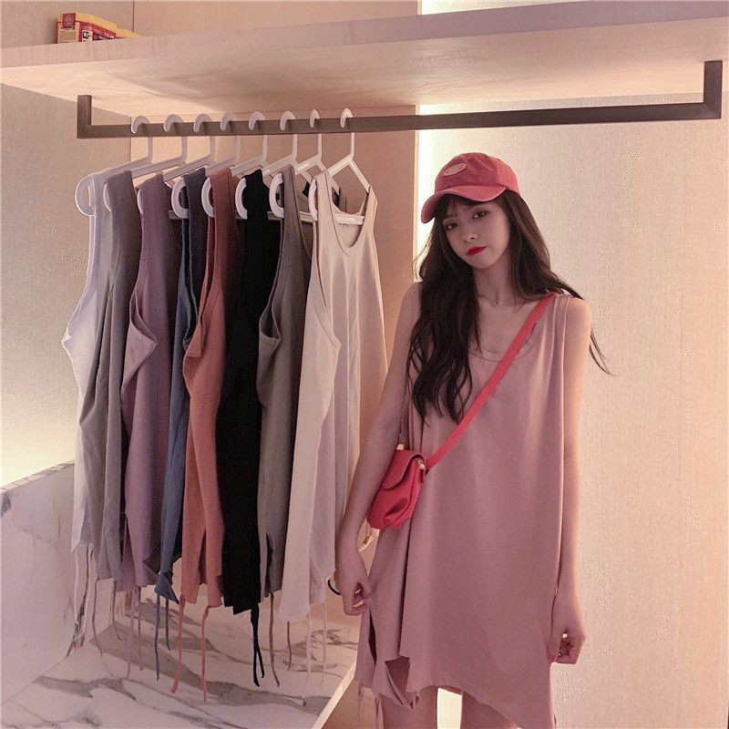 VVvn Áo Thun Sát Nách Dáng dàiform Rộng Thiếtkếxẻrách Phong Cá ch Hàn Quốc