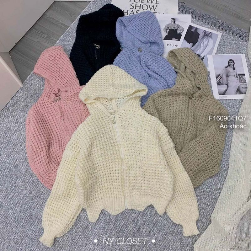 Áo khoác len dây kéo lai lượn sóng có nón hàng Quảng Châu 1609