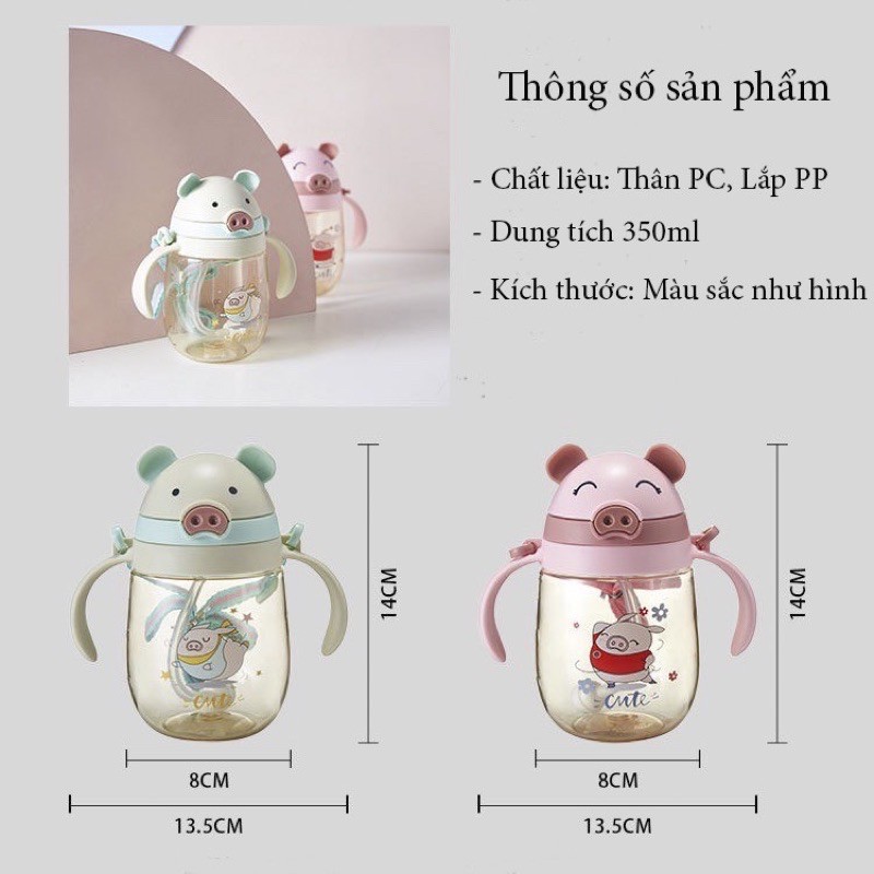 Bình uống nước hình lợn cho bé tập uống, uống sữa chống sặc chịu nhiệt an toàn có tay cầm tiện lợi