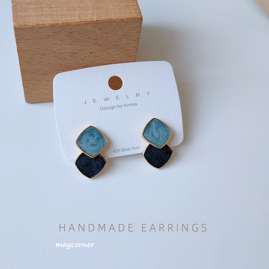 Khuyên tai hình học vân đá xanh dương mạ bạc 925 cao cấp sáng B501