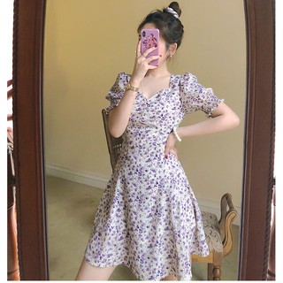 Đầm nữ xinh dáng ngắn xoè A cổ vuông tay bồng hoạ tiết hoa nhí tím