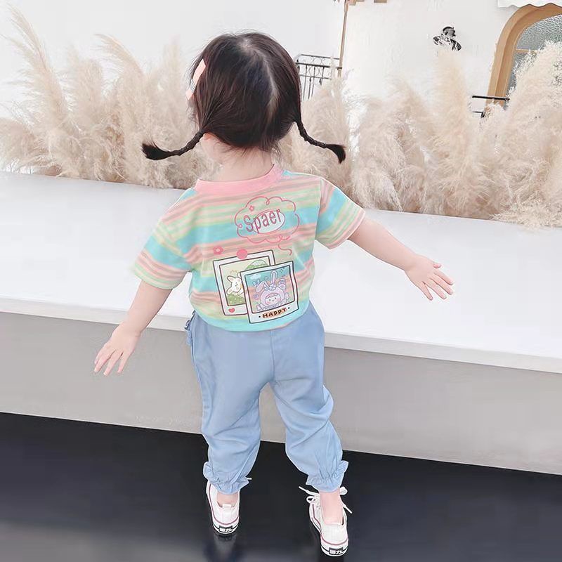 Áo Thun Tay Ngắn Kẻ Sọc Họa Tiết Hoạt Hình Phong Cách Hàn Quốc Cho Bé Gái