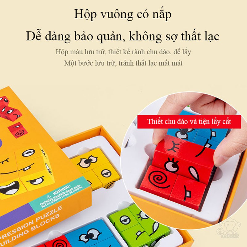 Khối gỗ xếp hình biểu cảm gương mặt, rèn luyện tư duy logic cho bé, trò chơi tương tác giữa cha mẹ và con cái