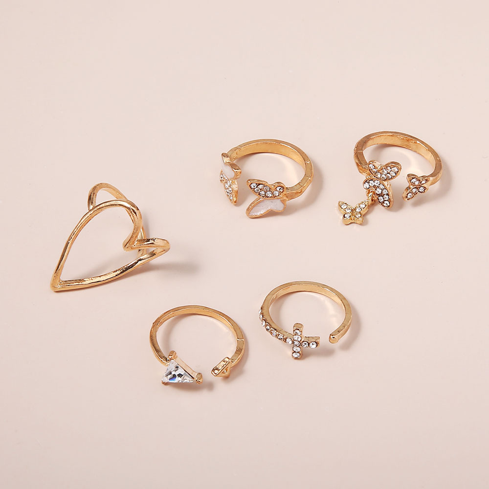 5 Pcs/set Sweet Butterfly Rings/Trend Fashion Cross Triangle Rings/Heart-Shaped Hollow Adjustable Open Ring Female Jewelry