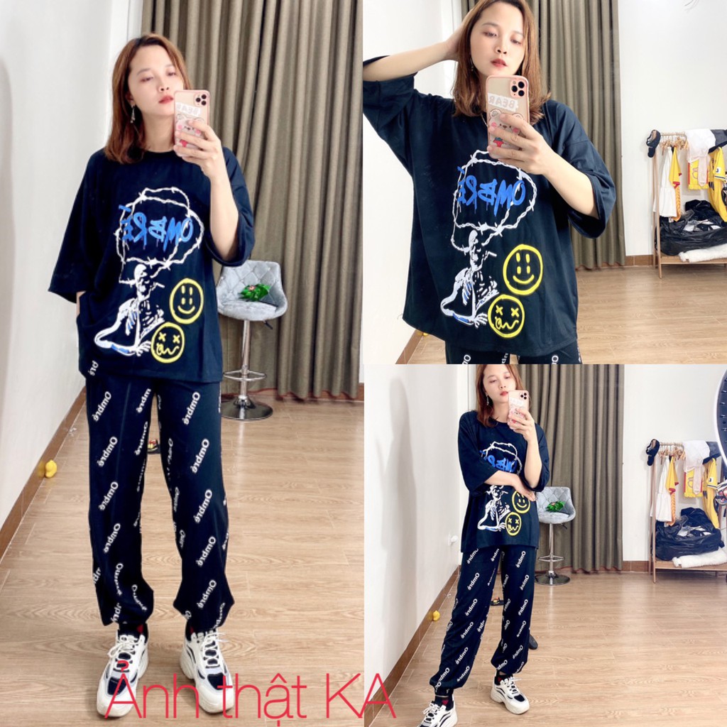 Set bộ ome KA Close dáng rộng unisex , Màu Đen, áo tay lỡ, quần ống rộng in chữ nét căng hot hit