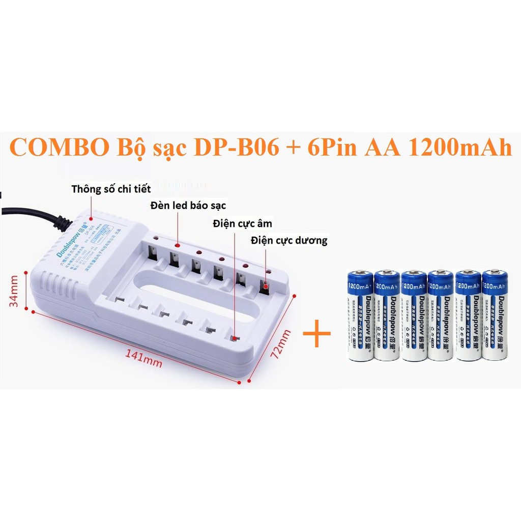 Combo Bộ sạc pin 6 khe đa năng + 6 viên pin sạc AA 1200 mAh Doublepow