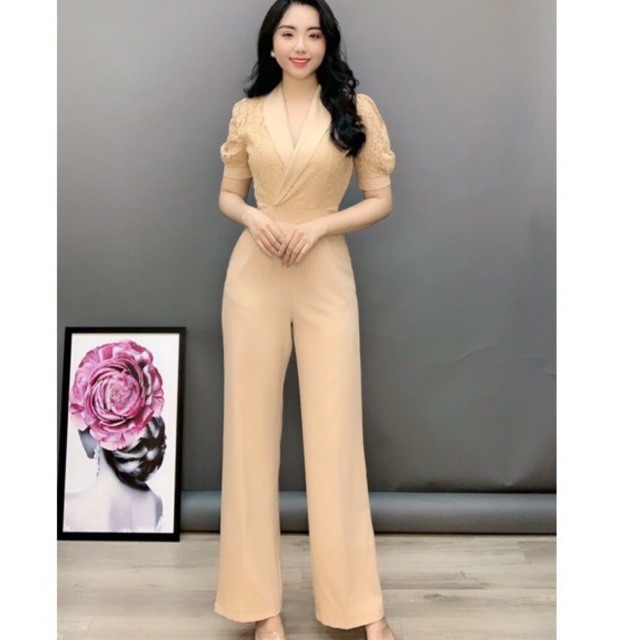Jumpsuit dài ống rộng tay con phối ren, jum