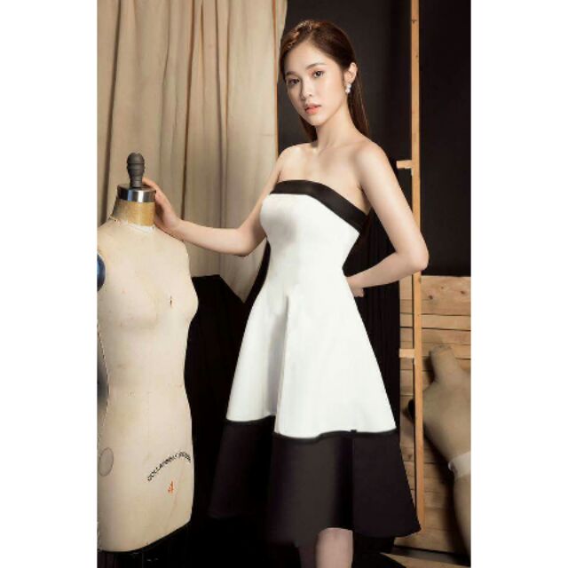Đầm xoè cúp ngực phối màu trắng đen ME15