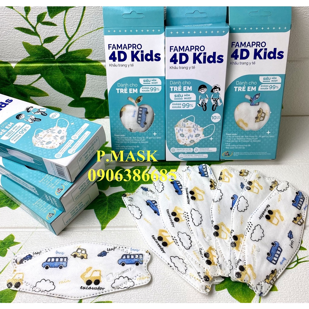 Khẩu trang 4D dành cho bé FAMAPRO IN HÌNH DỄ THƯƠNG 10 cái/ Hộp - Khấu trang Nam Anh 4D Kids 3 lớp kháng khuẩn
