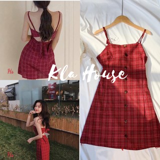 Váy caro kẻ đỏ buộc nơ lưng, váy 2 dây babydoll chất thô thái mềm mịn HS645