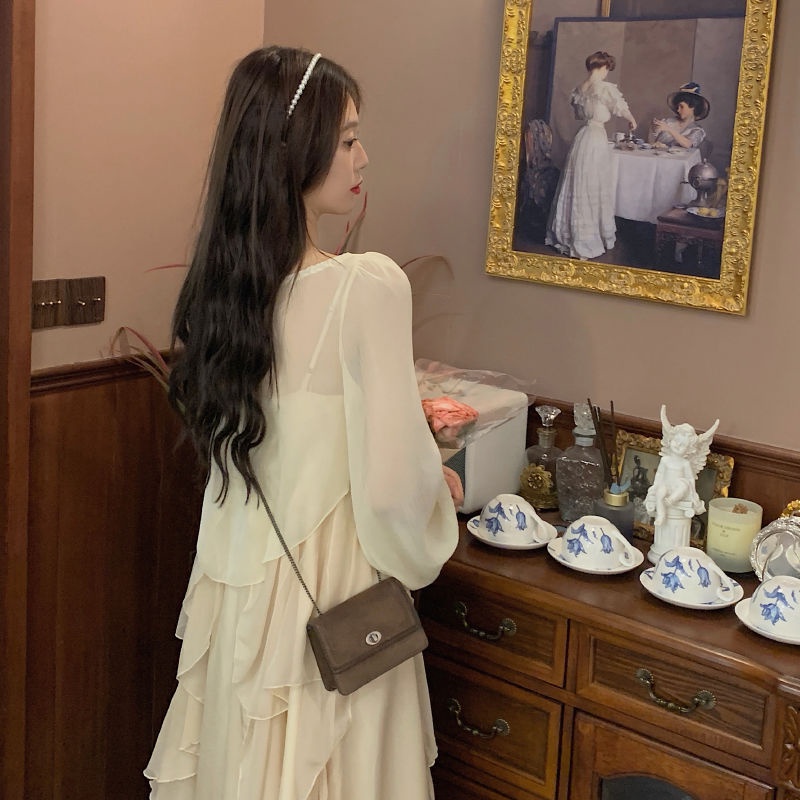 IELGY Áo cardigan dài tay cho nữ Váy Hai Dây Bộ  Váy có dây kiểu Pháp