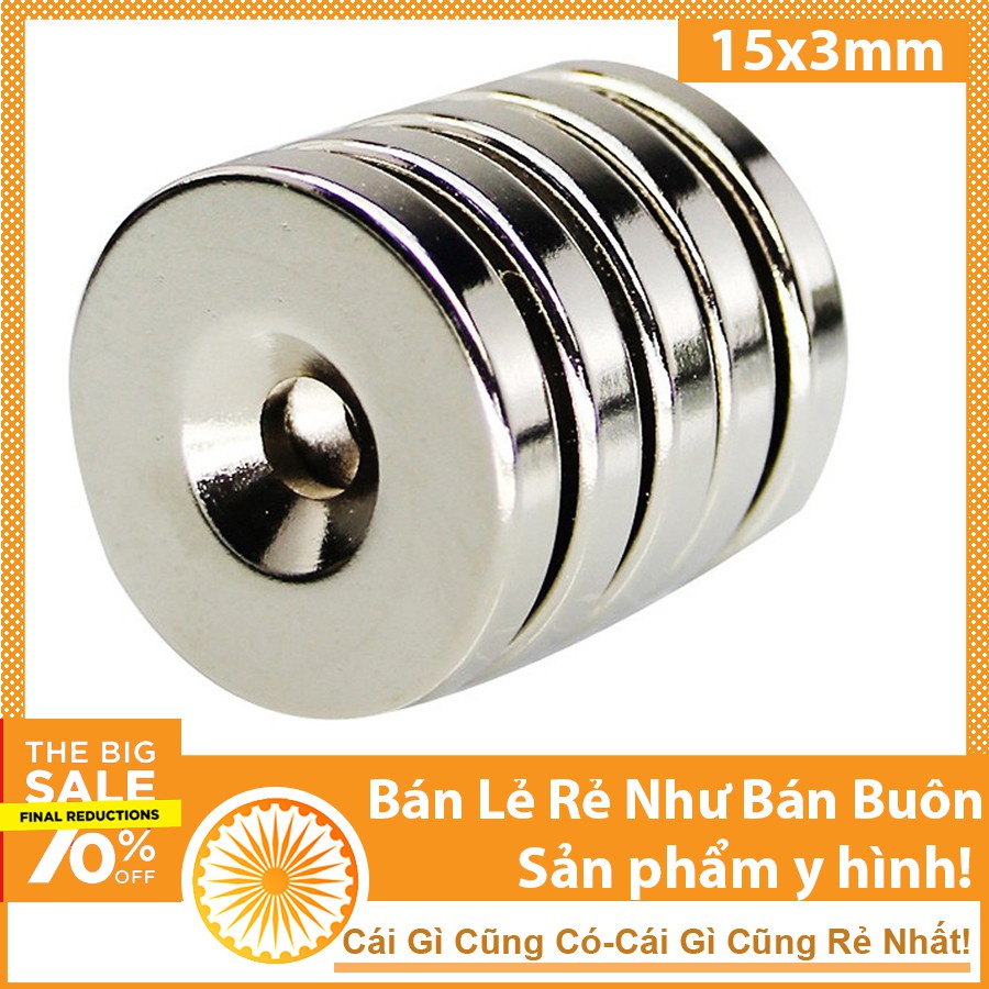 Nam châm 15x3mm lỗ 4mm viên hình tròn đất hiếm siêu mạnh