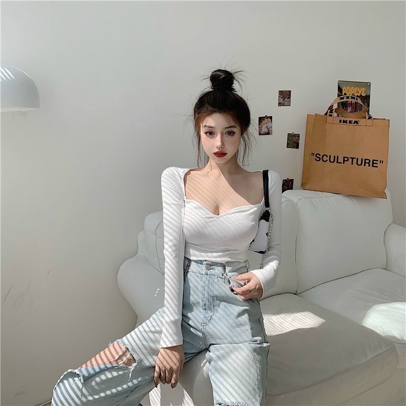 Áo kiểu tay dài croptop cổ vuông ôm quyến rũ cho nữ