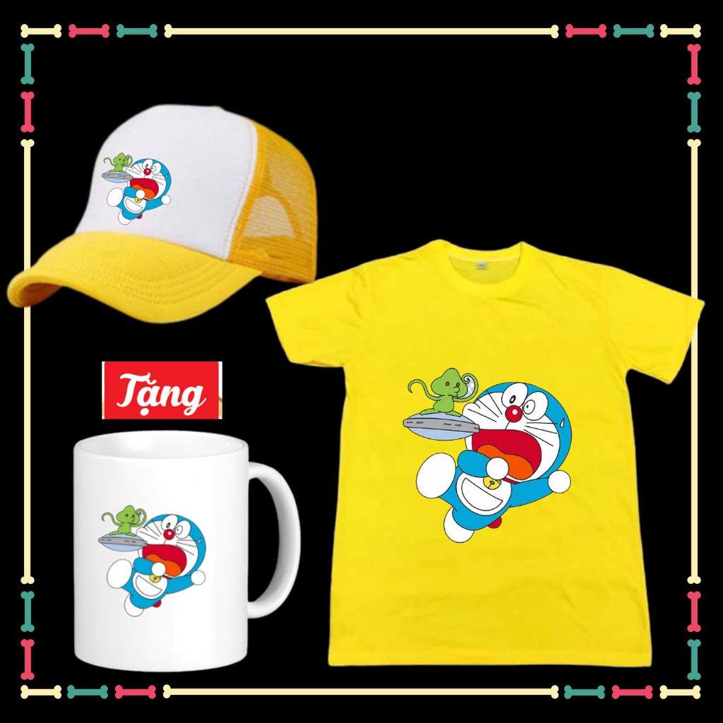 Combo Mũ Áo Doremon cho trẻ em vui nhộn vải co giãn 4 chiều Tặng ly sứ in hình Doremon
