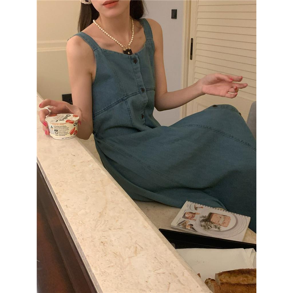 Đầm Denim Hai Dây Cổ Chữ V Dáng Ôm Phong Cách Thời Trang Pháp 64112